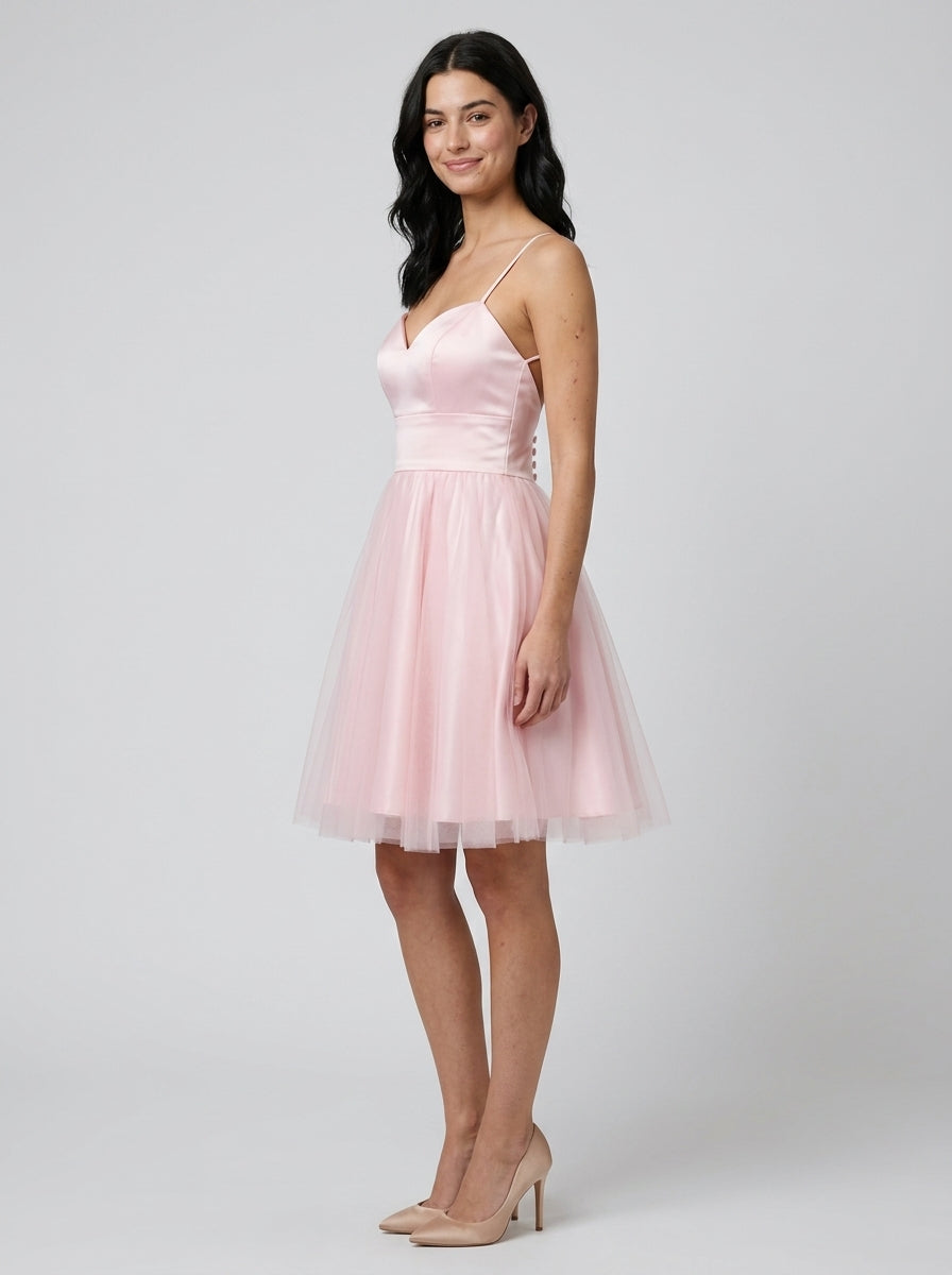Elegant A-Line Sweetheart Spaghetti Strap Low Back Button Detail Above-Knee Homecoming Dresses