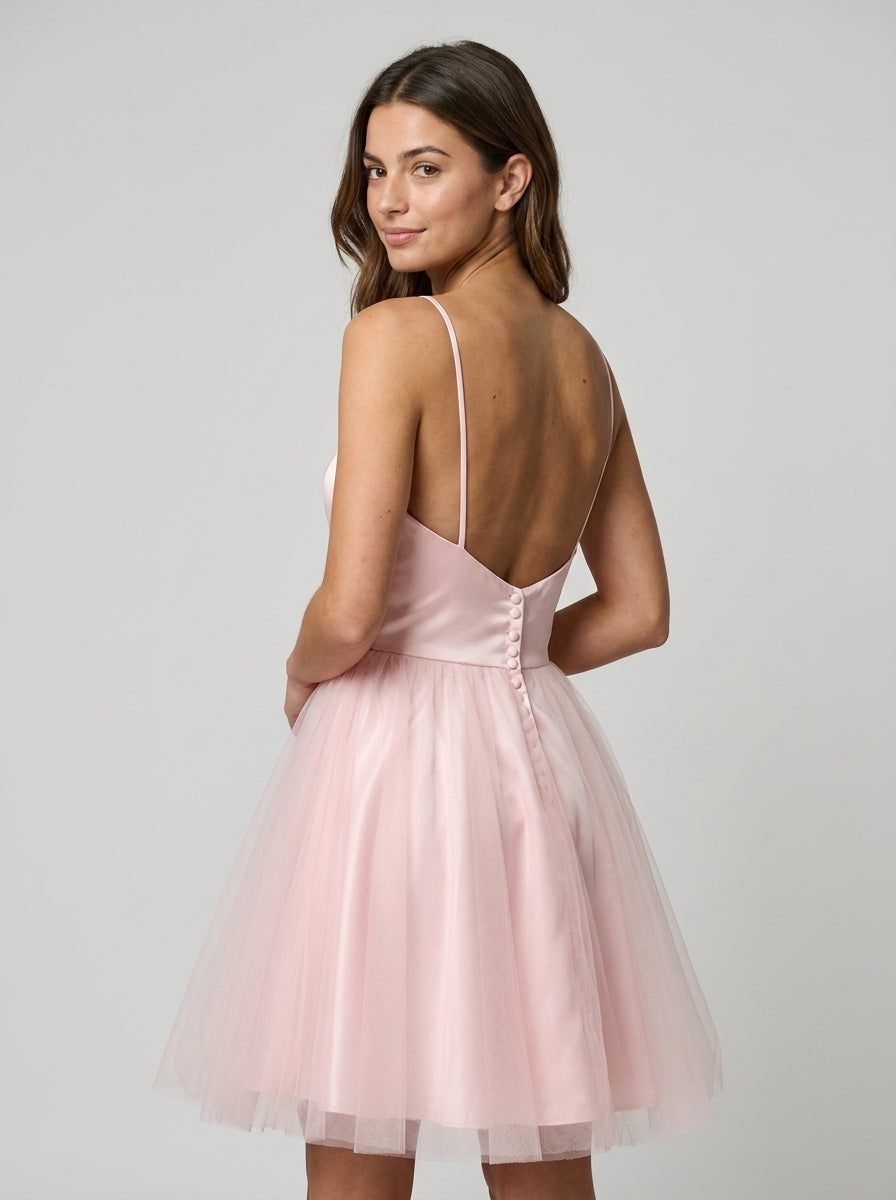 Elegant A-Line Sweetheart Spaghetti Strap Low Back Button Detail Above-Knee Homecoming Dresses