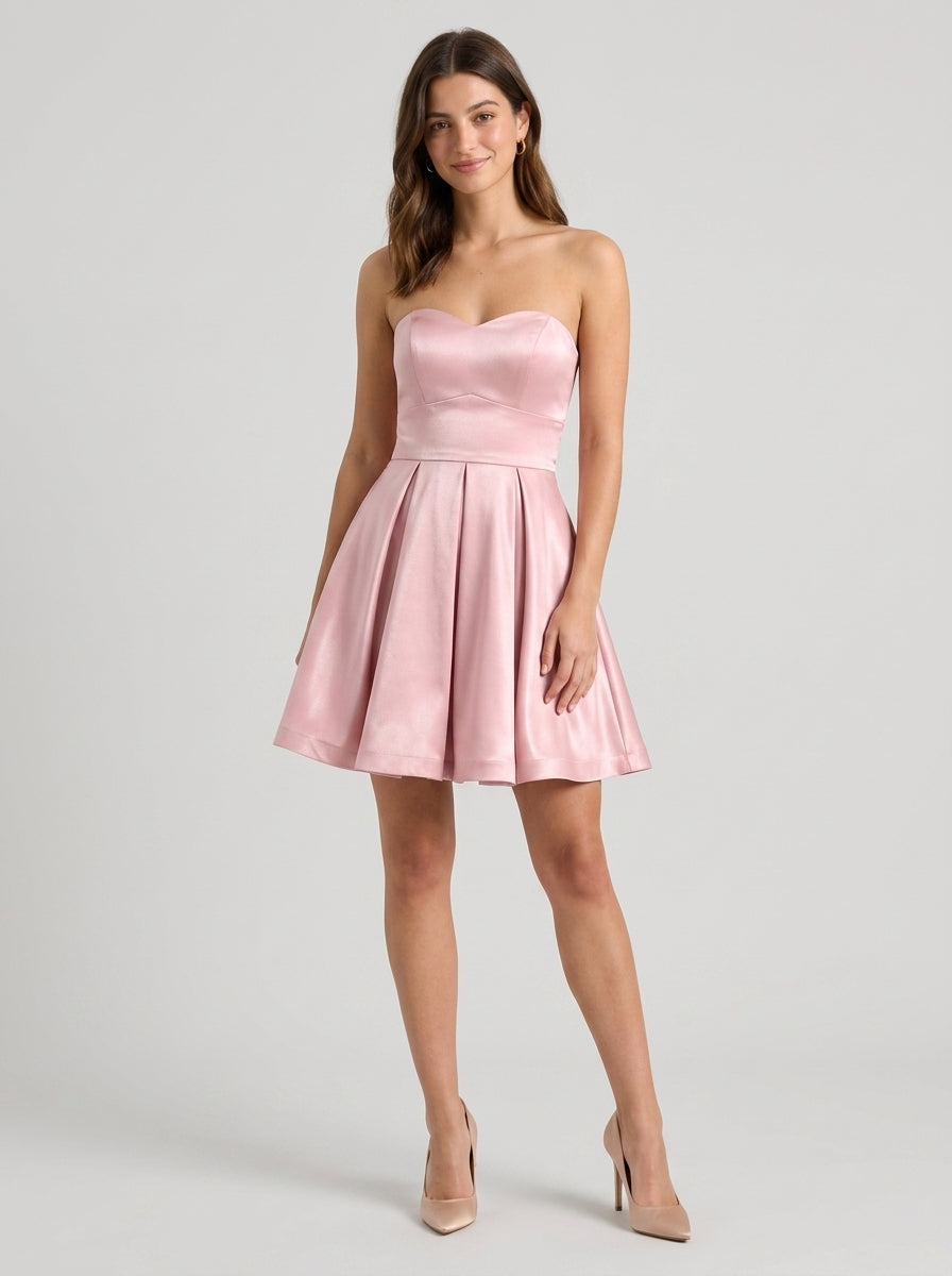 Elegant A-Line Sweetheart Strapless Lace-Up Back Short Satin Homecoming Dress