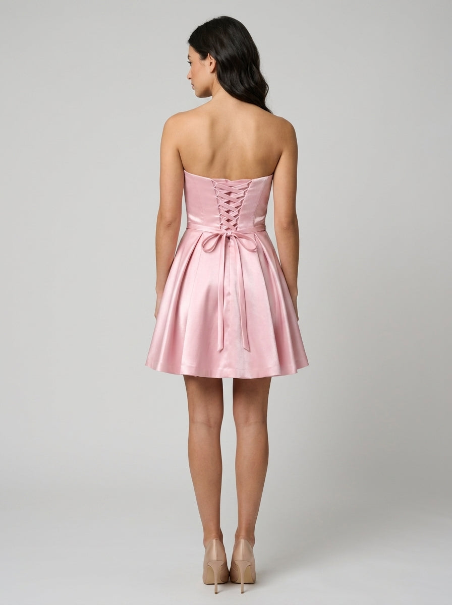 Elegant A-Line Sweetheart Strapless Lace-Up Back Short Satin Homecoming Dress