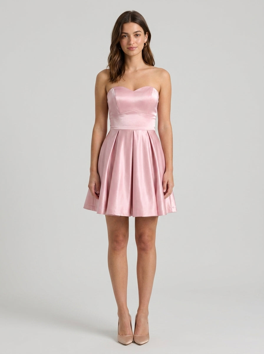 Elegant A-Line Sweetheart Strapless Lace-Up Back Short Satin Homecoming Dress