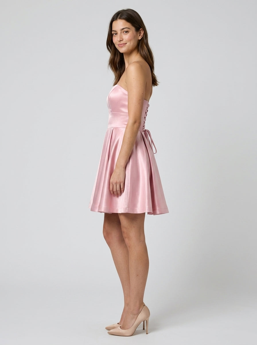 Elegant A-Line Sweetheart Strapless Lace-Up Back Short Satin Homecoming Dress