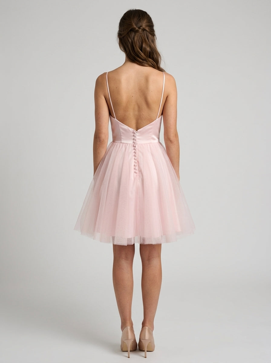 Elegant A-Line Sweetheart V-Neck Spaghetti Strap Pink Mini Homecoming Dress