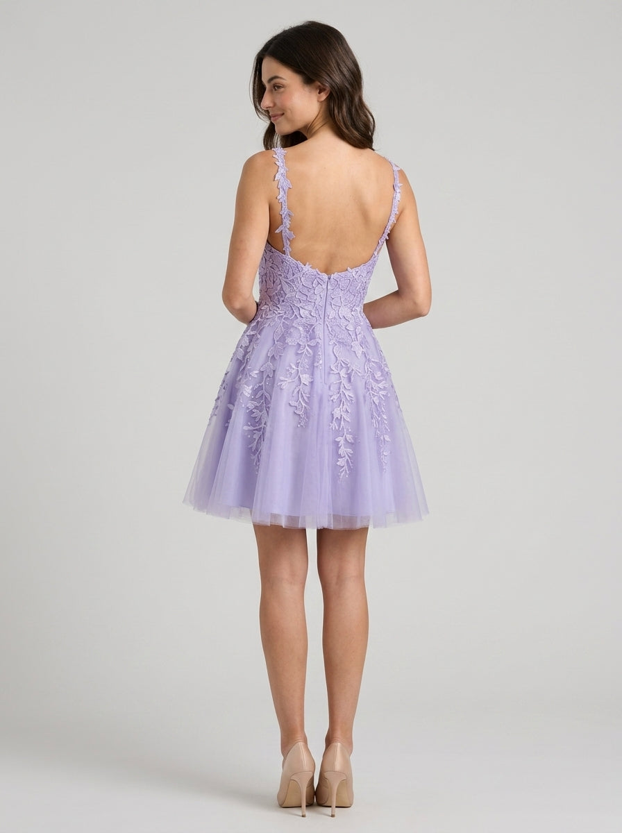 Elegant A-Line V-Neck Sleeveless Low Back Short Embroidered Tulle Homecoming Dresses
