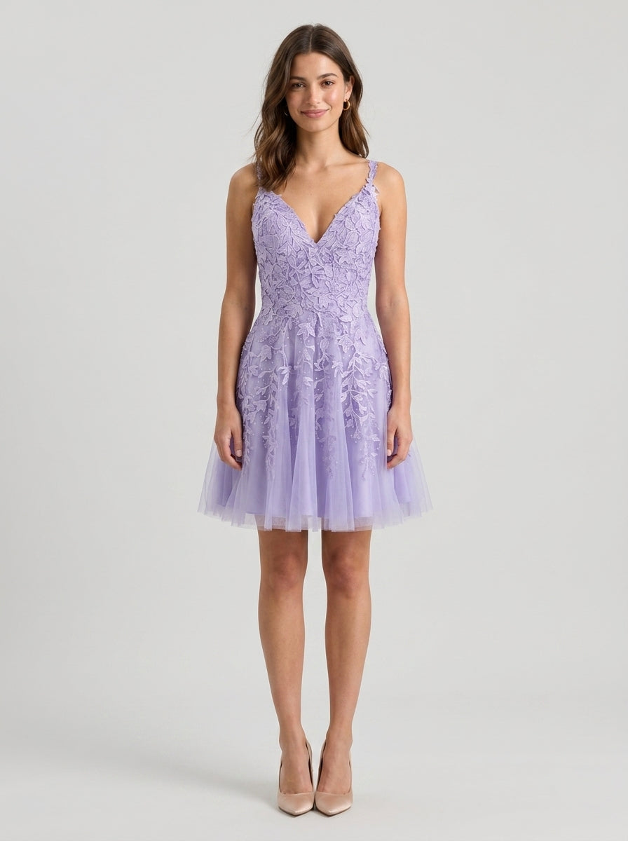 Elegant A-Line V-Neck Sleeveless Low Back Short Embroidered Tulle Homecoming Dresses