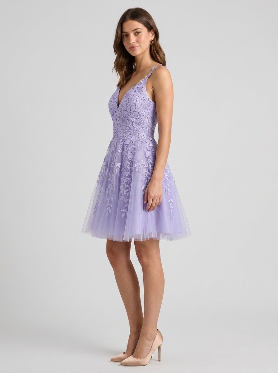 Elegant A-Line V-Neck Sleeveless Low Back Short Embroidered Tulle Homecoming Dresses