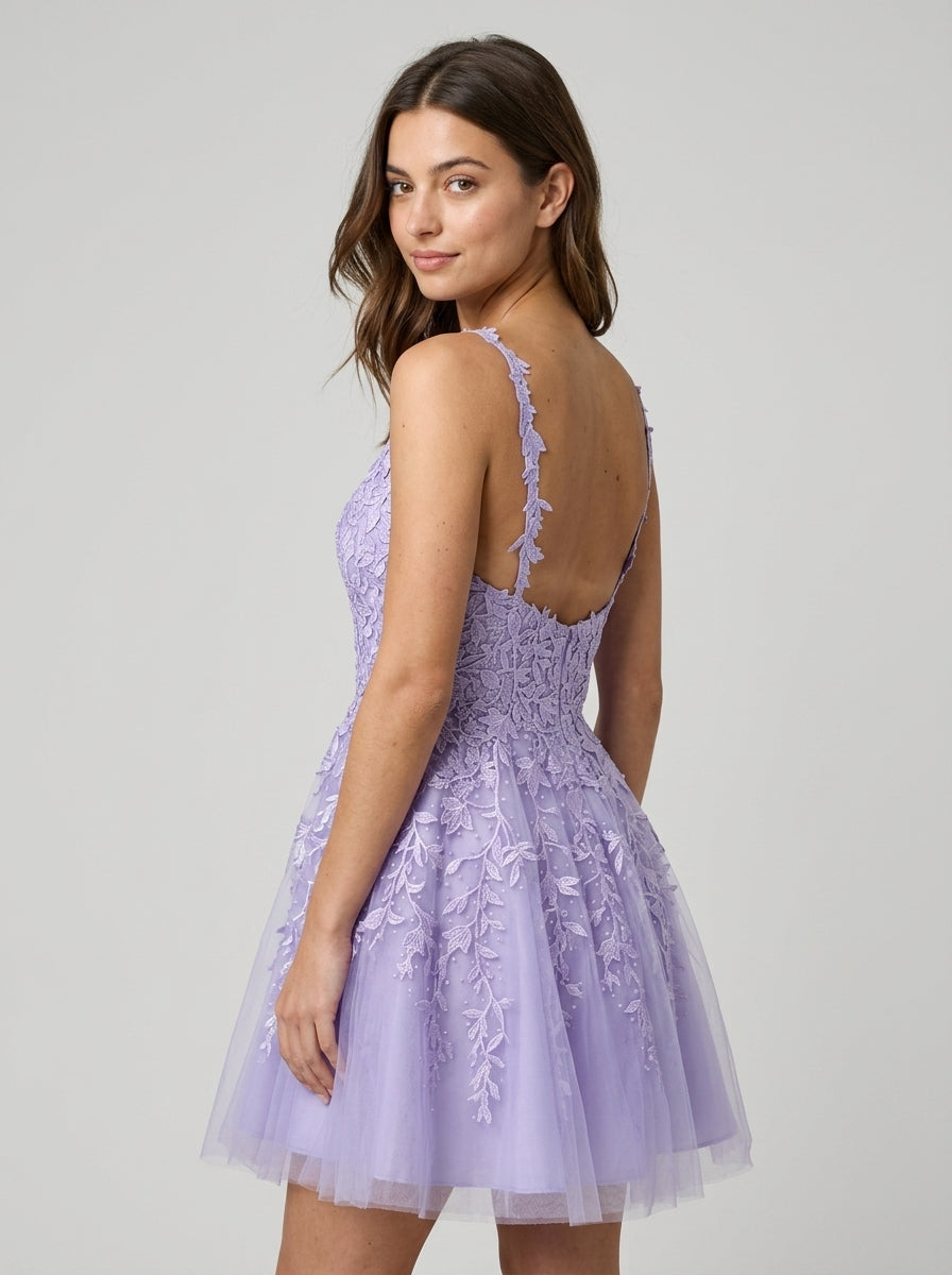 Elegant A-Line V-Neck Sleeveless Low Back Short Embroidered Tulle Homecoming Dresses
