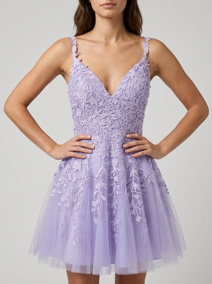 Elegant A-Line V-Neck Sleeveless Low Back Short Embroidered Tulle Homecoming Dresses