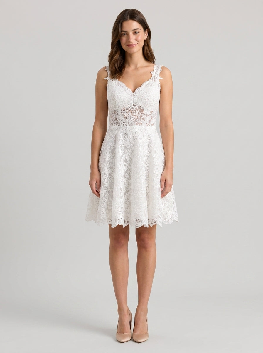 Elegant A-Line V-Neck Sleeveless V-Back Knee-Length Lace Homecoming Dresses