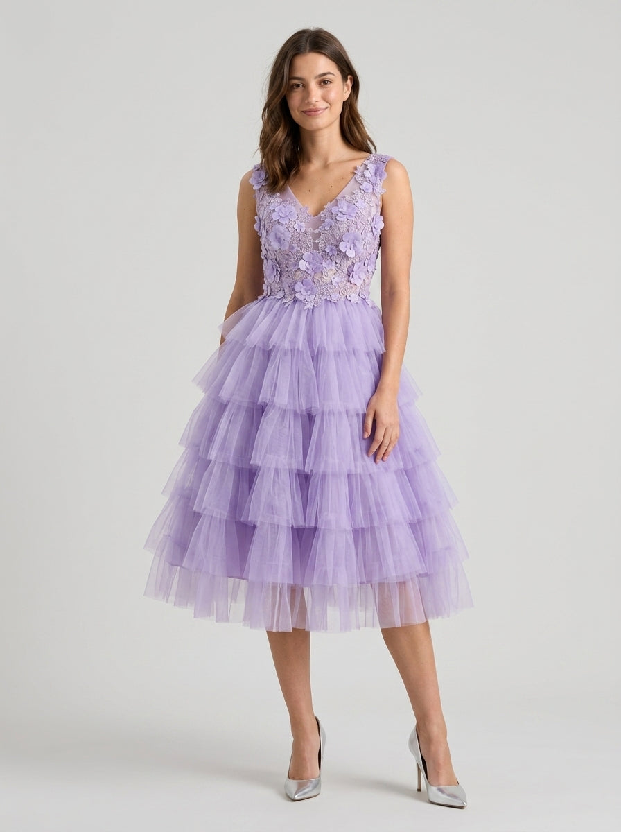 Elegant A-Line V-Neck Sleeveless V-Back Tiered Tulle Midi Homecoming Dresses with Floral Appliqués