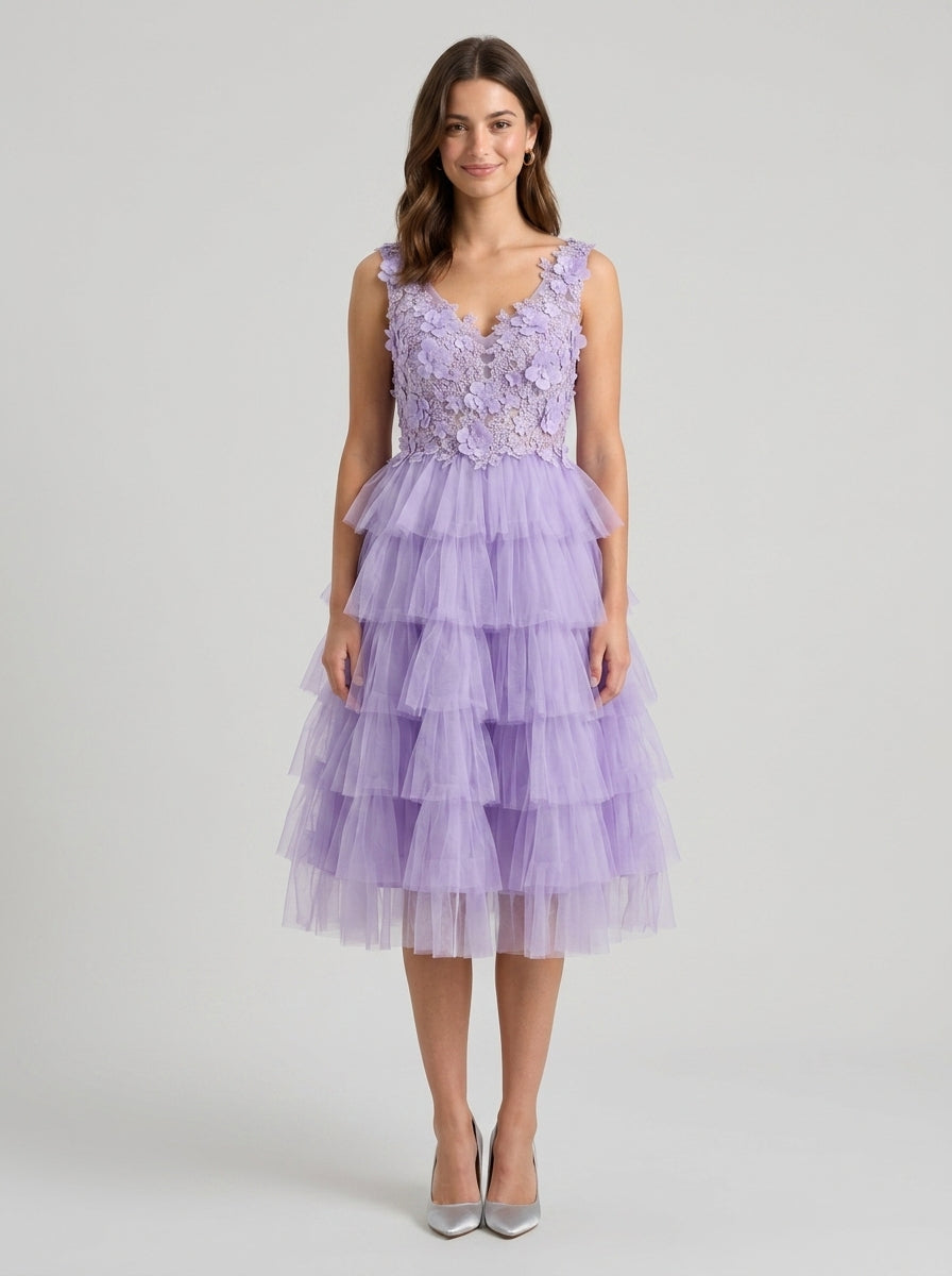 Elegant A-Line V-Neck Sleeveless V-Back Tiered Tulle Midi Homecoming Dresses with Floral Appliqués