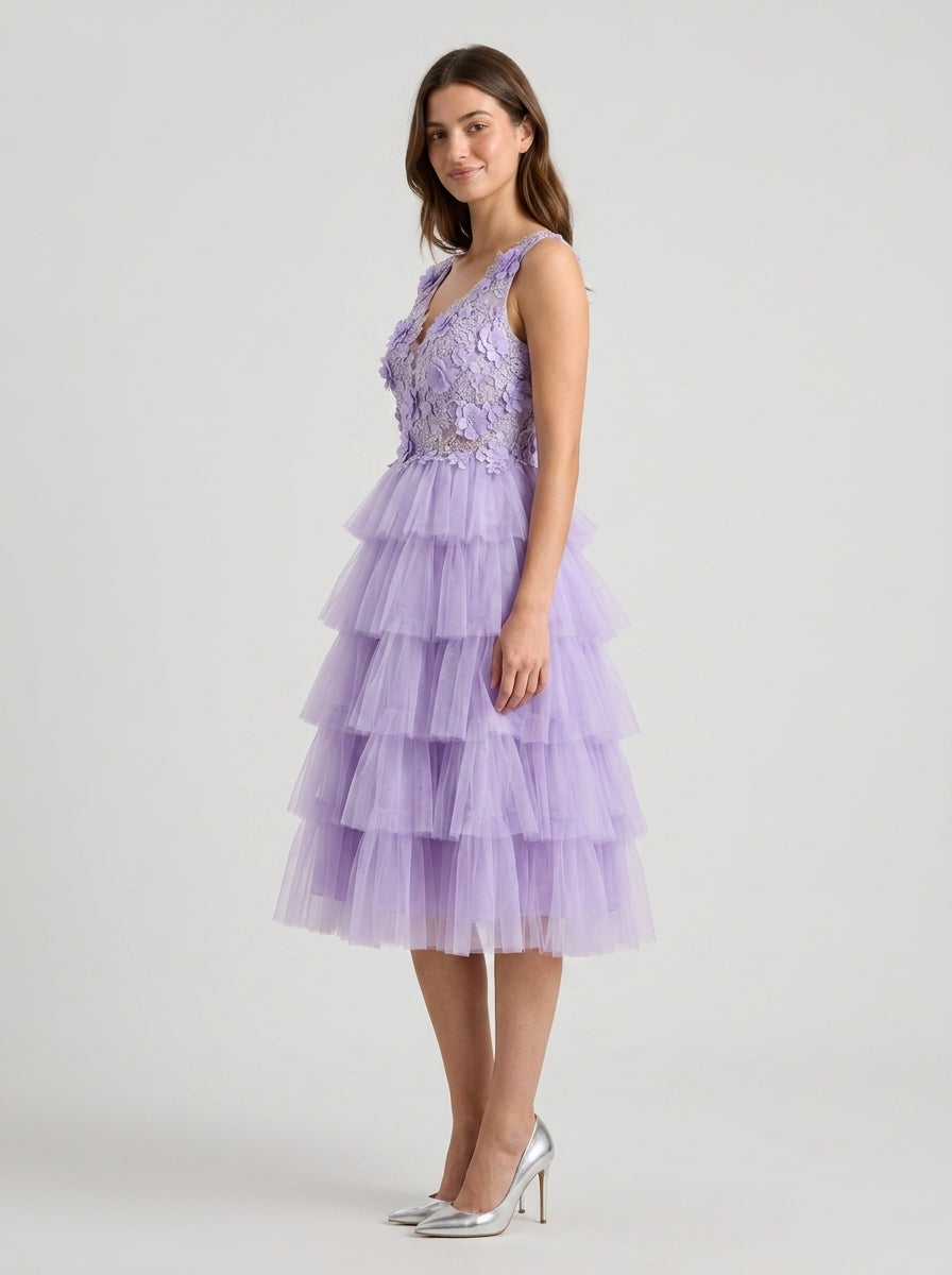 Elegant A-Line V-Neck Sleeveless V-Back Tiered Tulle Midi Homecoming Dresses with Floral Appliqués