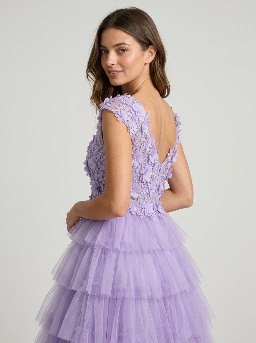 Elegant A-Line V-Neck Sleeveless V-Back Tiered Tulle Midi Homecoming Dresses with Floral Appliqués