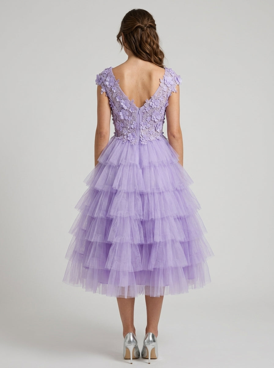 Elegant A-Line V-Neck Sleeveless V-Back Tiered Tulle Midi Homecoming Dresses with Floral Appliqués