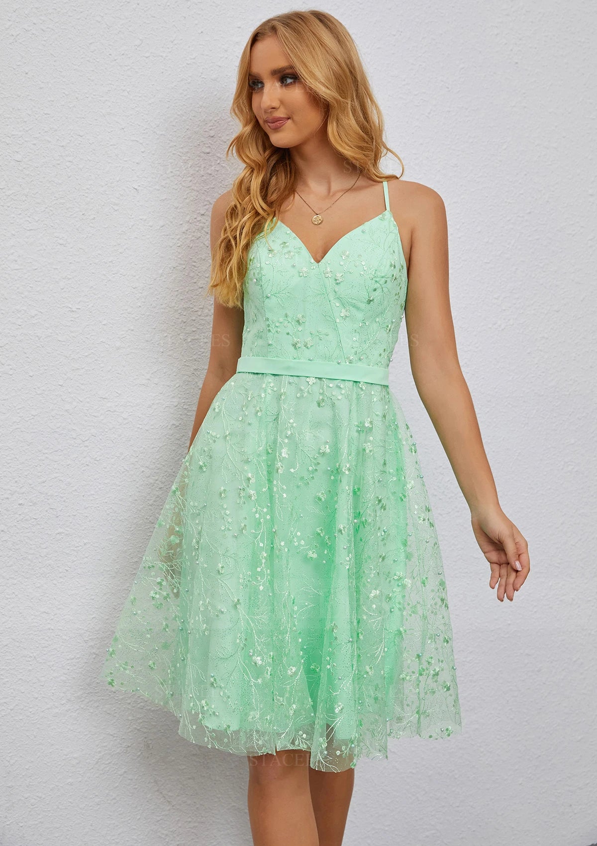 Elegant A-Line V-Neck Spaghetti Strap Criss-Cross Back Knee-Length Floral Embroidered Homecoming Dresses