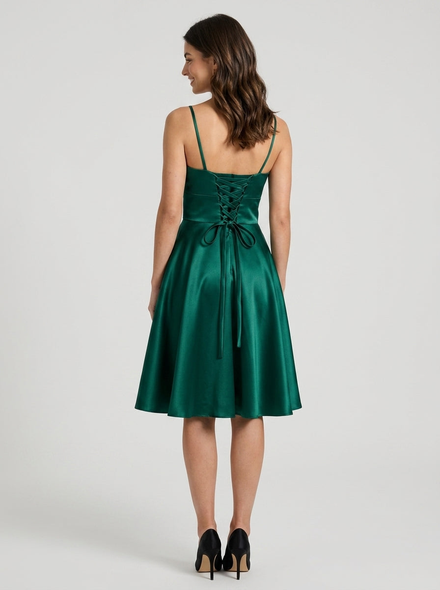 Elegant A-Line V-Neck Spaghetti Strap Lace-Up Back Knee-Length Shimmering Satin Homecoming Dresses