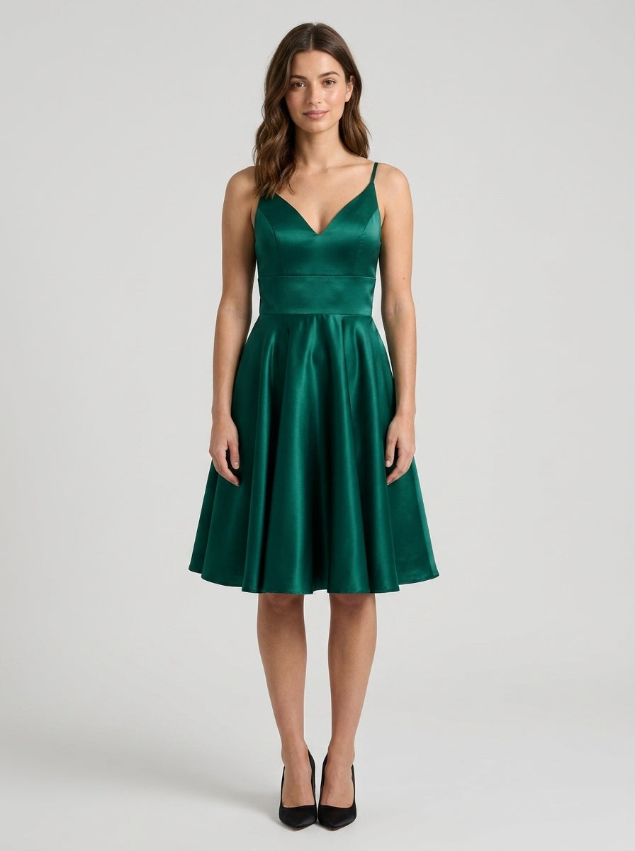 Elegant A-Line V-Neck Spaghetti Strap Lace-Up Back Knee-Length Shimmering Satin Homecoming Dresses