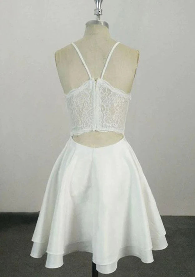 Elegant A-Line V-Neck Spaghetti Strap Lace Back Short Tiered White Homecoming Dresses