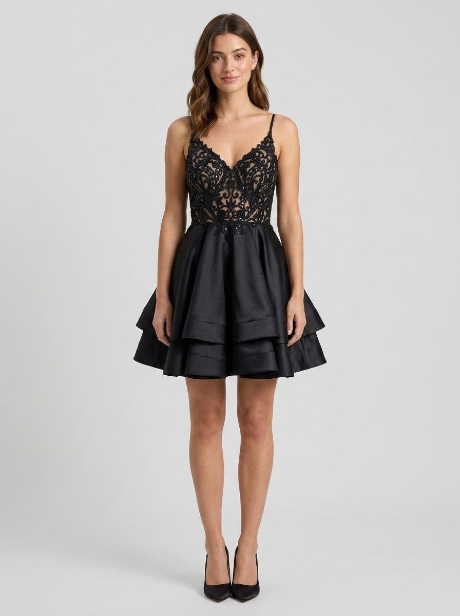 Elegant A-Line V-Neck Spaghetti Strap Low V-Back Short Tiered Homecoming Dresses