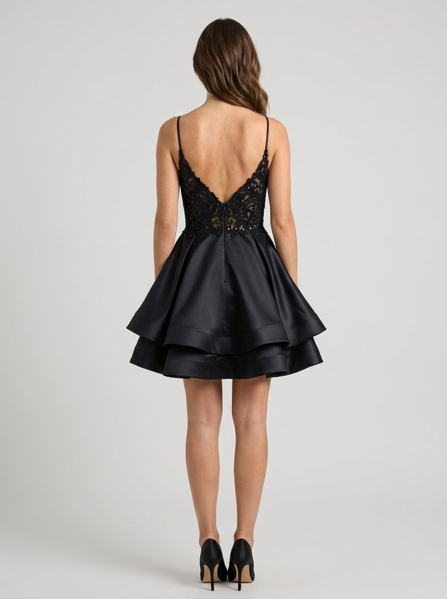 Elegant A-Line V-Neck Spaghetti Strap Low V-Back Short Tiered Homecoming Dresses