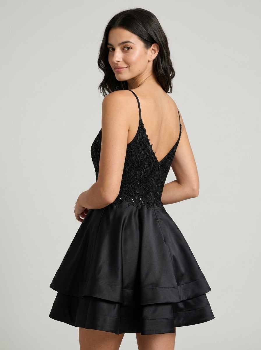Elegant A-Line V-Neck Spaghetti Strap Low V-Back Short Tiered Homecoming Dresses