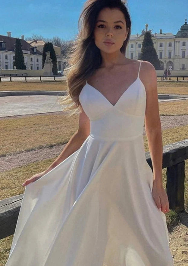 Elegant A-Line V-Neck Spaghetti Strap Sleeveless Open Back Midi Tea-Length Homecoming Dresses