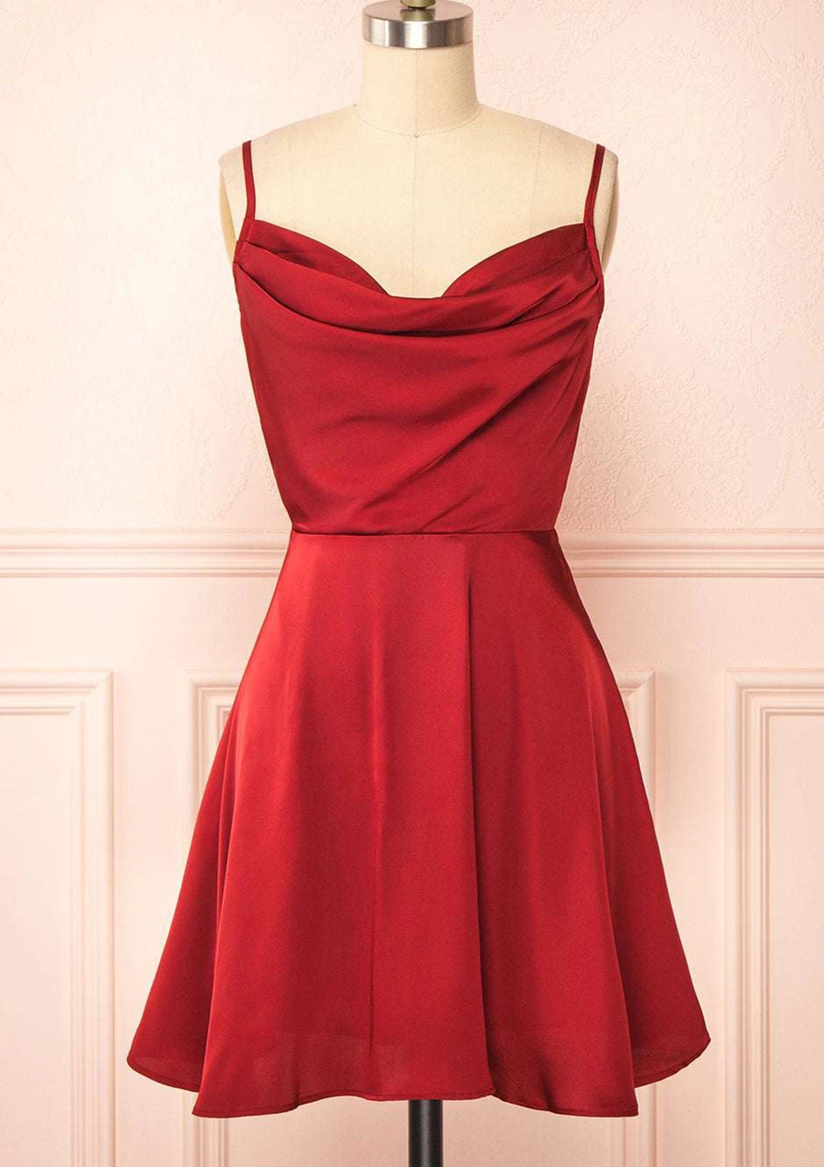 Elegant A-line Cowl Neck Sleeveless Adjustable Strap Back Short Satin Homecoming Dresses