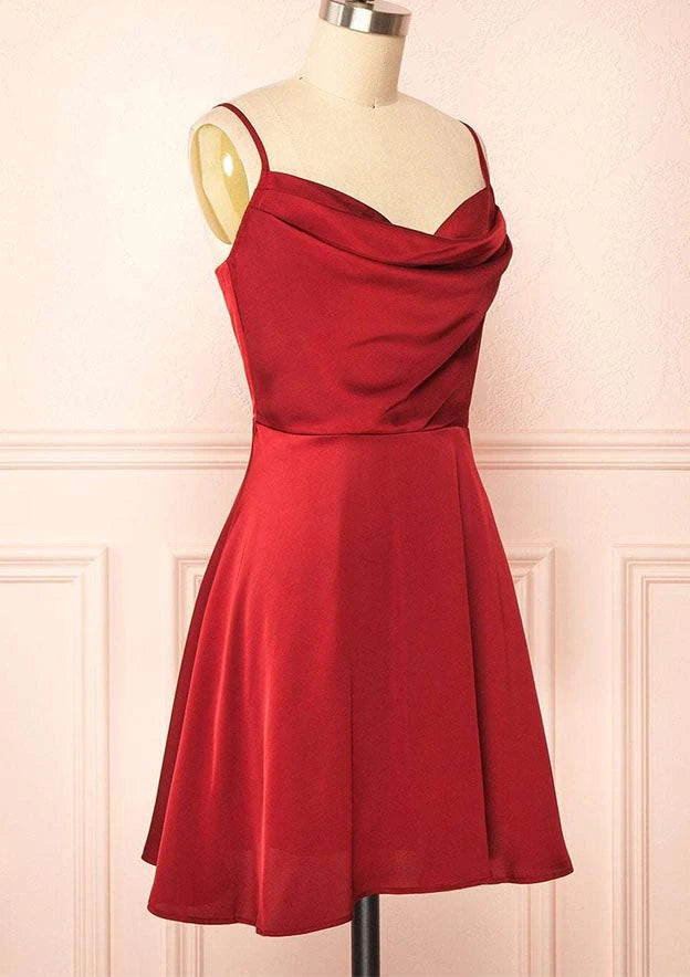 Elegant A-line Cowl Neck Sleeveless Adjustable Strap Back Short Satin Homecoming Dresses