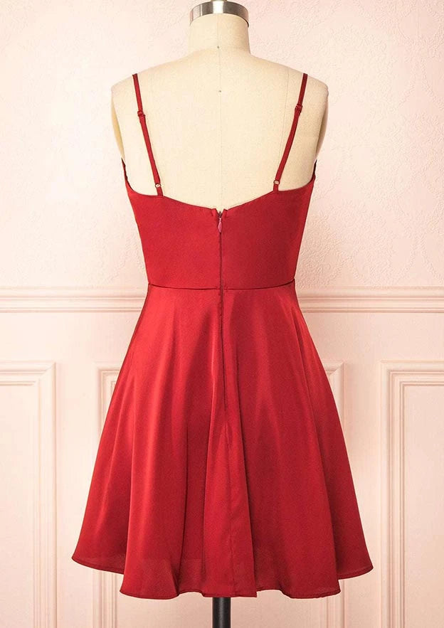 Elegant A-line Cowl Neck Sleeveless Adjustable Strap Back Short Satin Homecoming Dresses