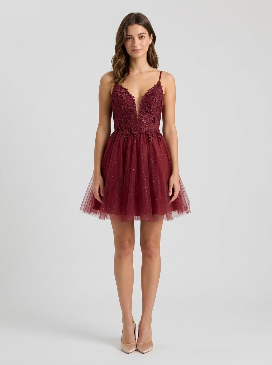 Elegant A-line Plunging V-Neck Sleeveless Lace-Up Back Short Glitter Tulle Homecoming Dresses