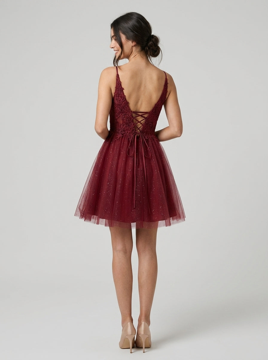 Elegant A-line Plunging V-Neck Sleeveless Lace-Up Back Short Glitter Tulle Homecoming Dresses