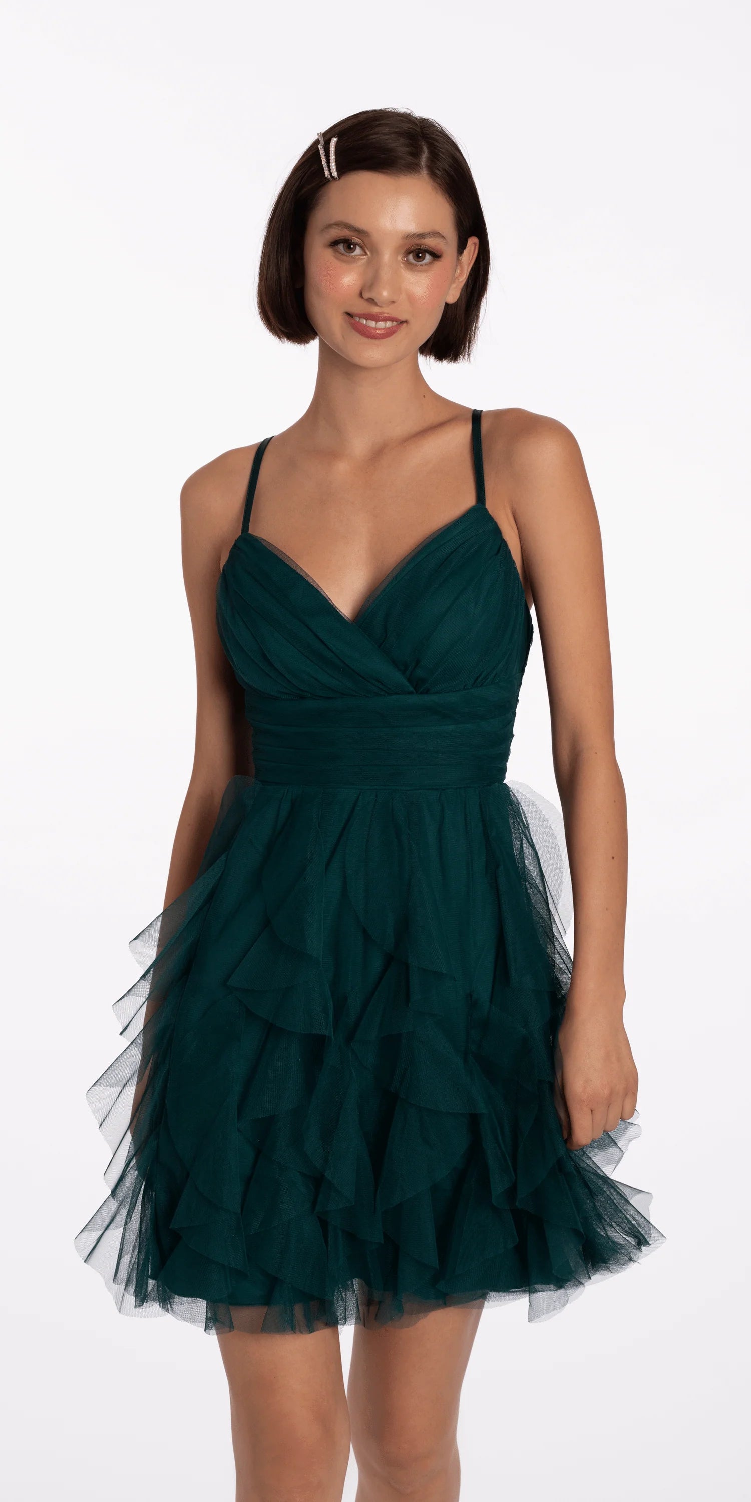 Elegant A-line V-neck Sleeveless Lace-up Back Short Ruffled Tulle Homecoming Dresses