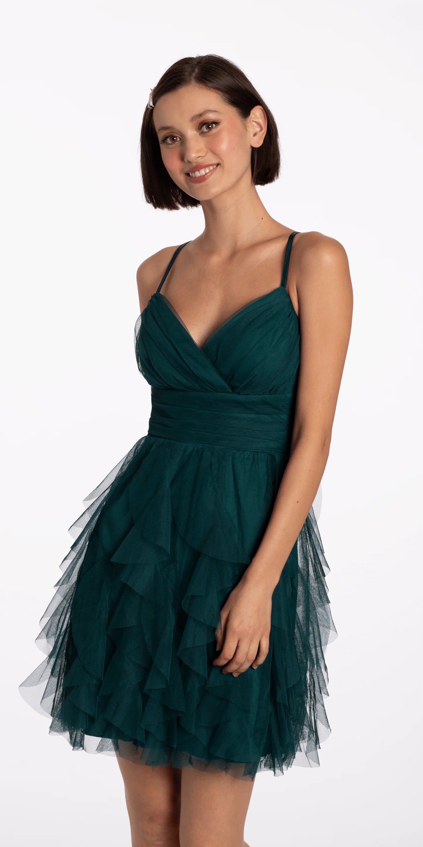 Elegant A-line V-neck Sleeveless Lace-up Back Short Ruffled Tulle Homecoming Dresses