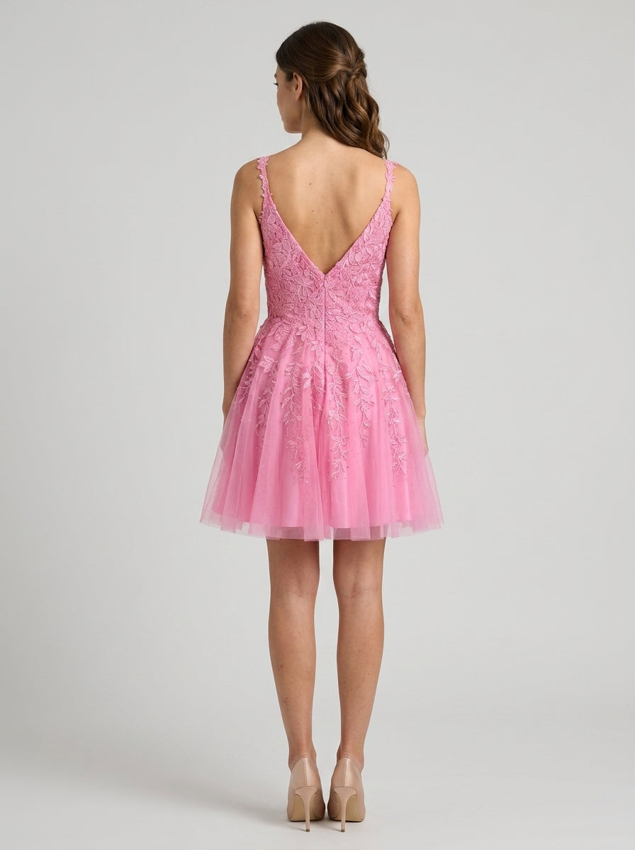 Elegant A-line V-neck Sleeveless Low V-back Short Pink Embroidered Tulle Homecoming Dresses