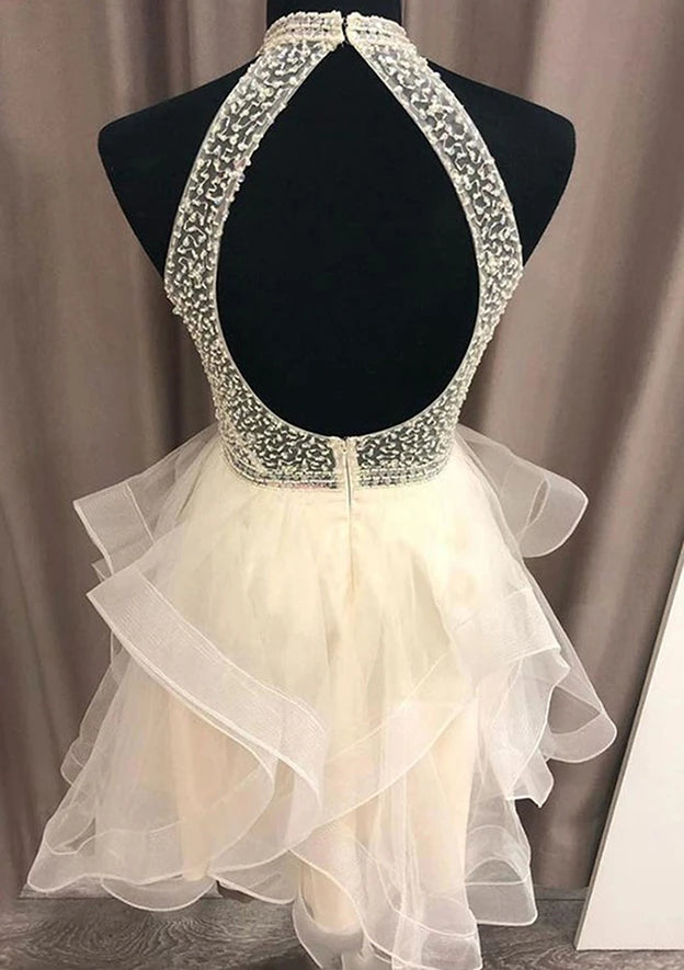 Elegant Beaded Illusion Halter Sweetheart Sleeveless Open Back Short Ruffled A-Line Homecoming Dresses