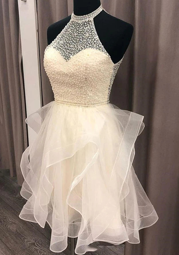 Elegant Beaded Illusion Halter Sweetheart Sleeveless Open Back Short Ruffled A-Line Homecoming Dresses