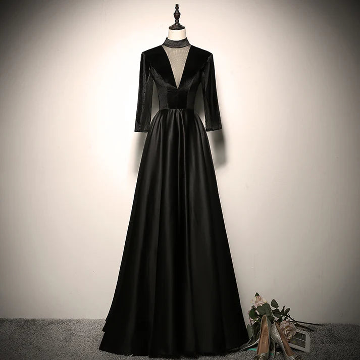Elegant Black Velvet High Neck Illusion V-neck Three-quarter Sleeve Cutout Back Lace-up Satin A-line Floor-length Evening Dresses