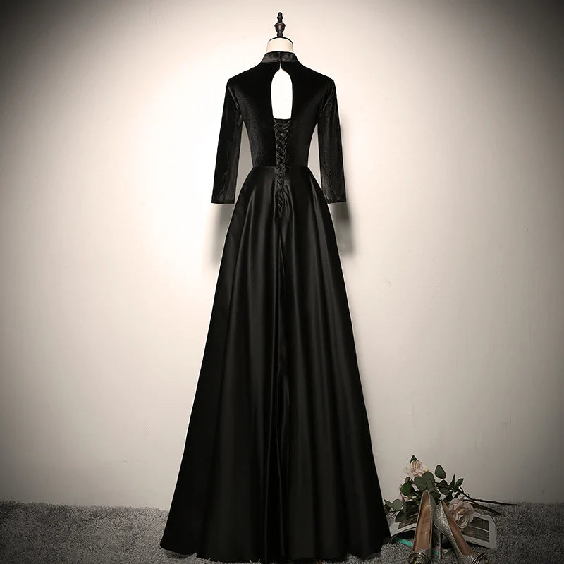 Elegant Black Velvet High Neck Illusion V-neck Three-quarter Sleeve Cutout Back Lace-up Satin A-line Floor-length Evening Dresses