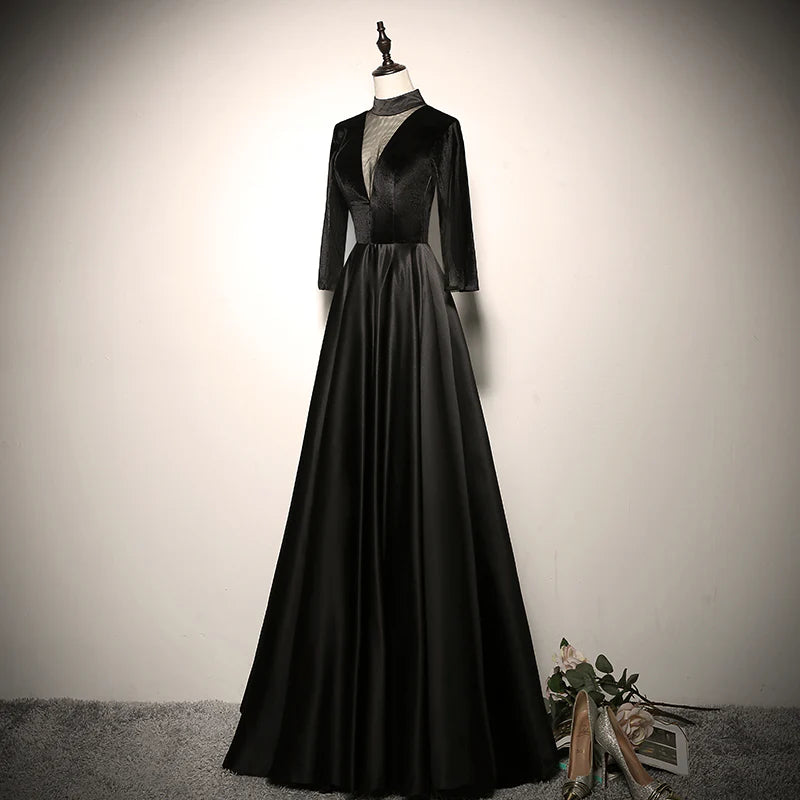 Elegant Black Velvet High Neck Illusion V-neck Three-quarter Sleeve Cutout Back Lace-up Satin A-line Floor-length Evening Dresses
