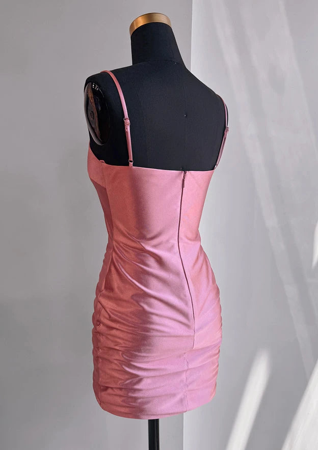 Elegant Bodycon Cowl Neck Sleeveless Zipper Back Ruched Mini Satin Homecoming Dresses
