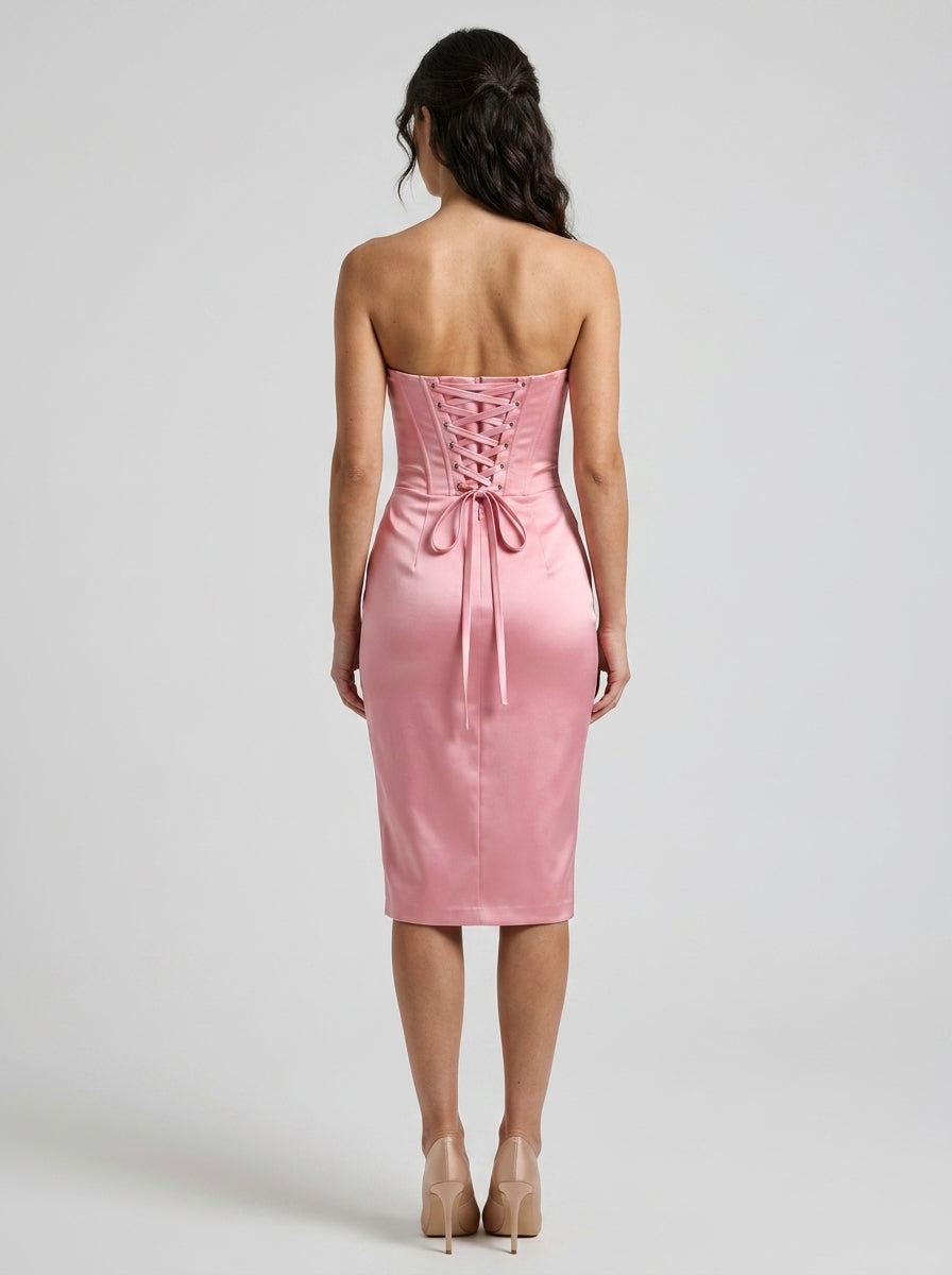 Elegant Bodycon Strapless Cowl Neck Sleeveless Lace-Up Back Midi High Slit Homecoming Dresses