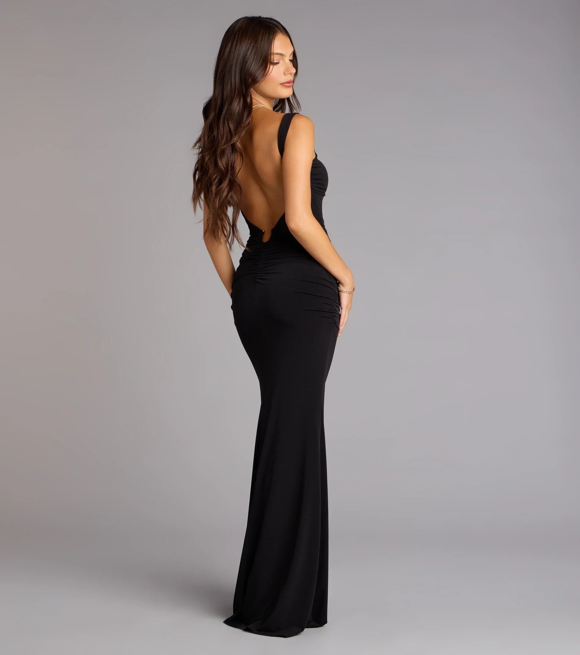 Elegant Bodycon Sweetheart Sleeveless Low Back Ruched High Slit Floor-Length Black Prom Dresses