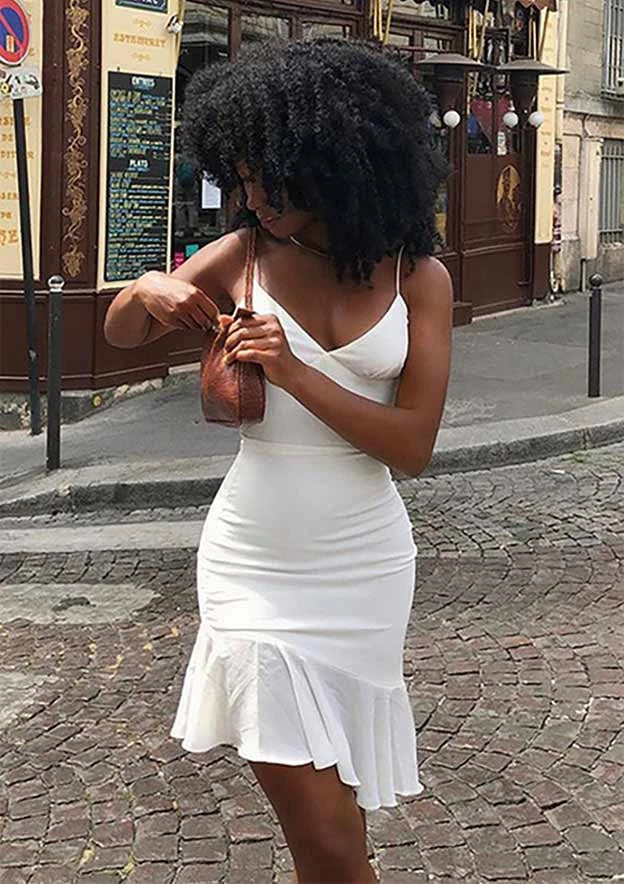 Elegant Bodycon Sweetheart Spaghetti Strap Low Back Ruffle Hem Mini Homecoming Dress