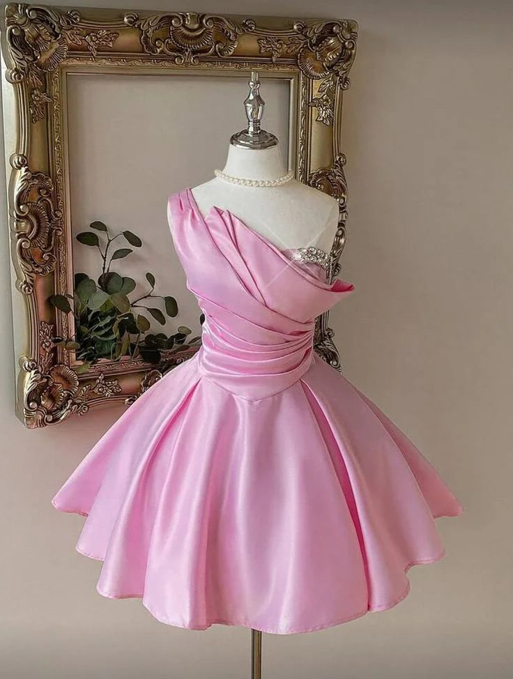 Elegant Draped One-Shoulder Sleeveless A-Line Short Homecoming Dresses with Sparkling Detail