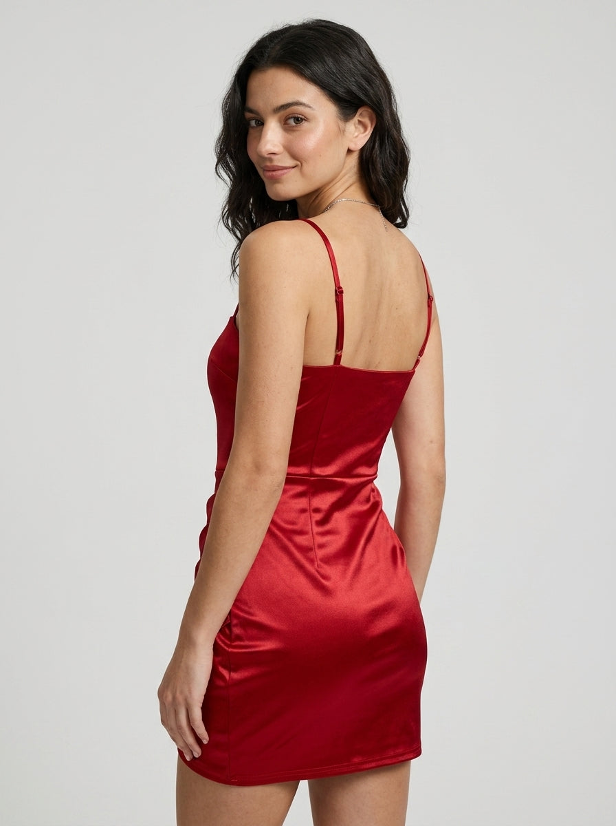 Elegant Fitted Cowl Neck Spaghetti Strap Criss-Cross Lace-Up Back Mini Asymmetrical Hem Homecoming Dresses