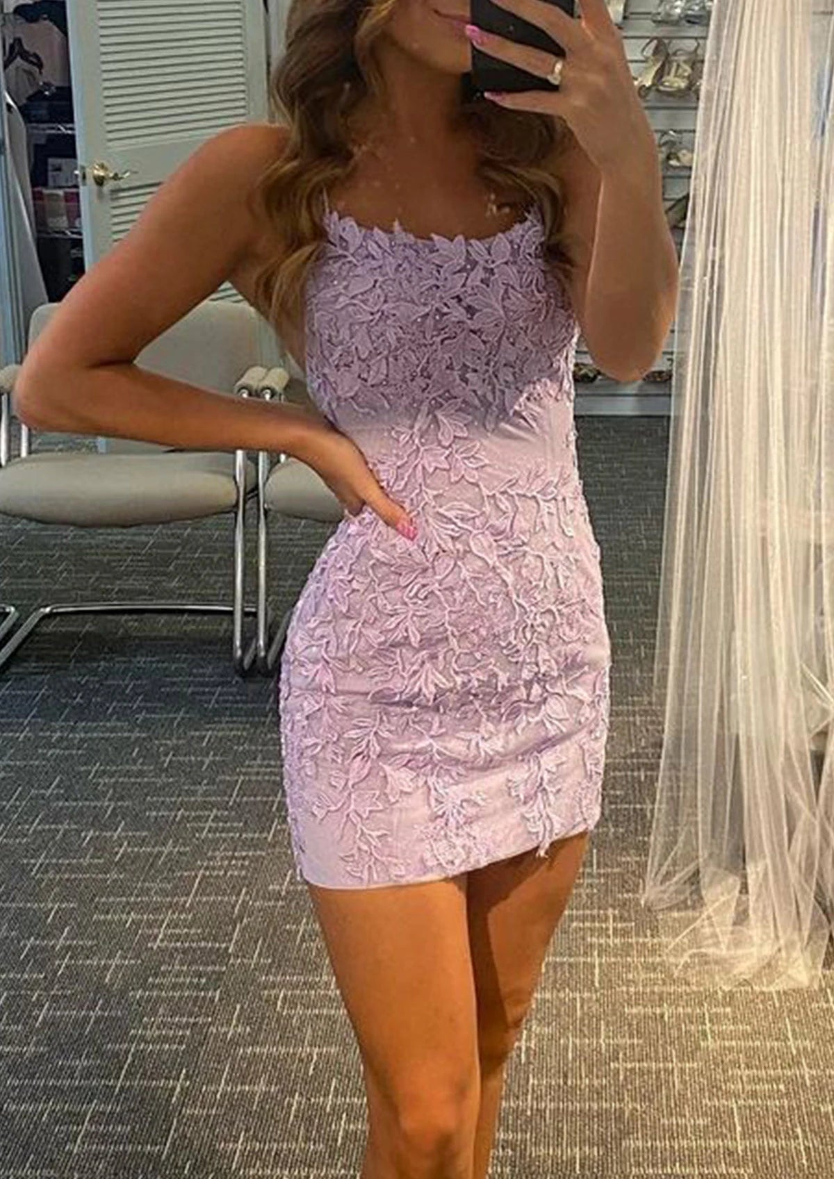 Elegant Fitted Scoop Neck Sleeveless Criss-Cross Open Back Mini Floral Lace Homecoming Dresses