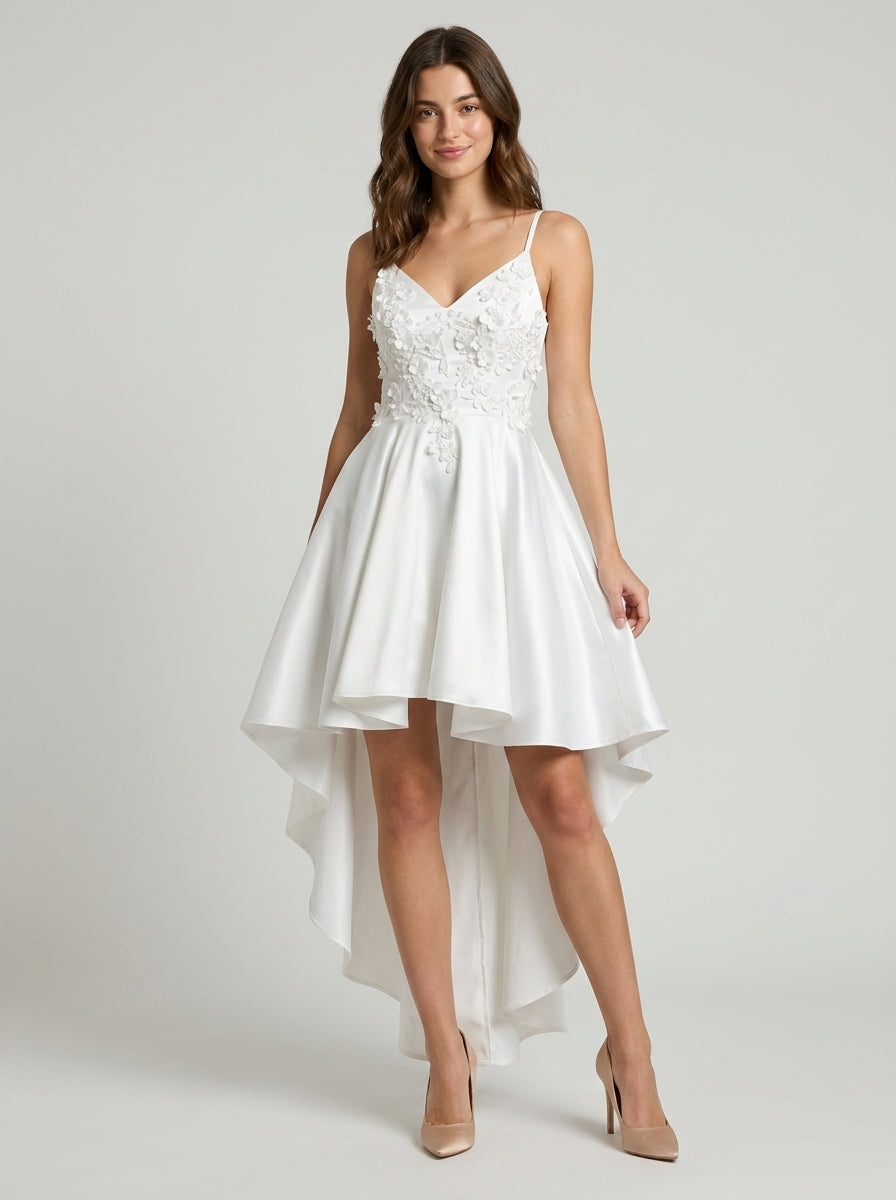 Elegant A-Line V-Neck Floral High-Low Satin Homecoming Dress