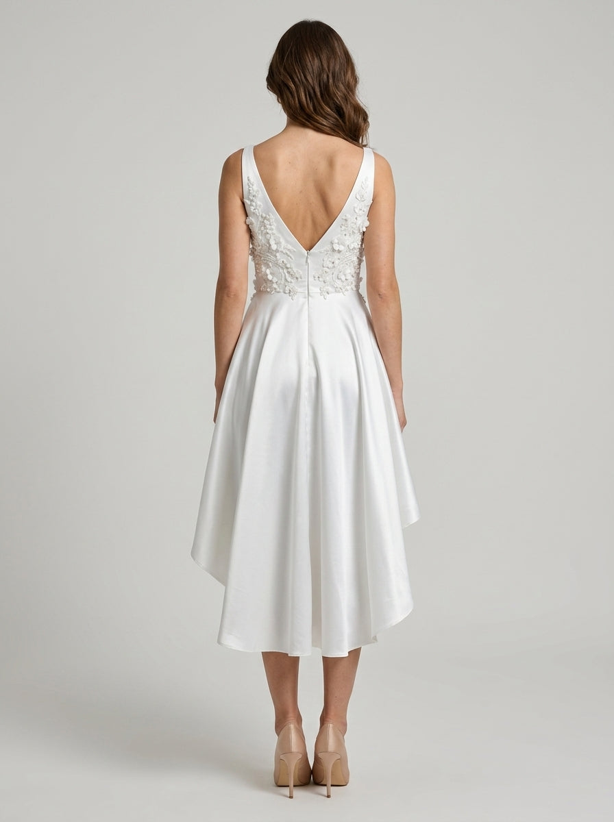 Elegant A-Line V-Neck Floral High-Low Satin Homecoming Dress