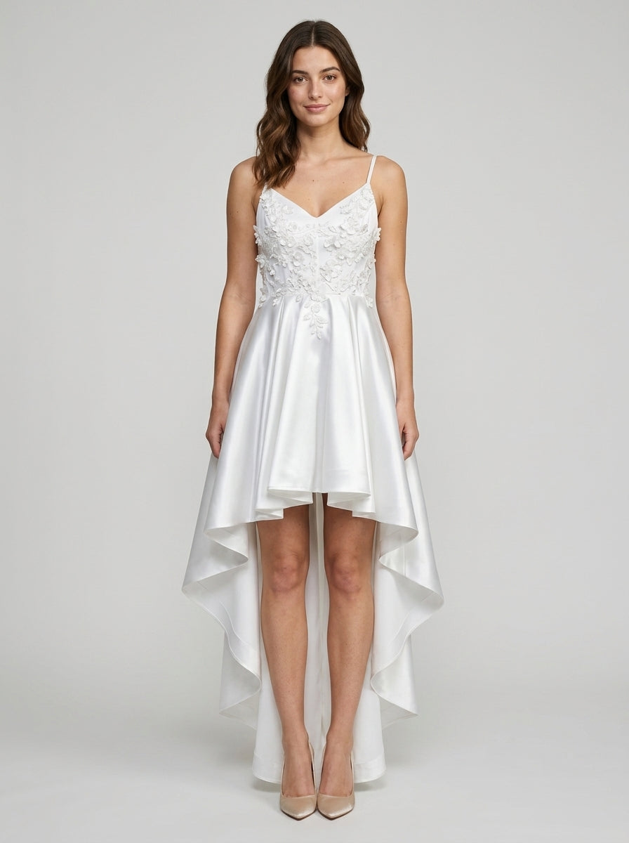 Elegant A-Line V-Neck Floral High-Low Satin Homecoming Dress