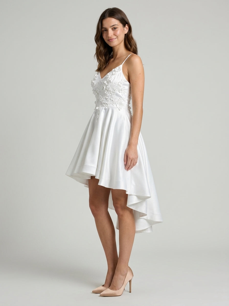 Elegant A-Line V-Neck Floral High-Low Satin Homecoming Dress